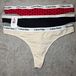 Calvin Klein CK One Thong Underwear 3 Pack Red Star Black Beige Womens Large NEW